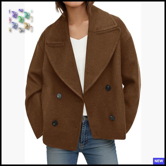 Cropped Wool Blend Pea Coat Double Breasted Notched Lapel Casual Overcoat